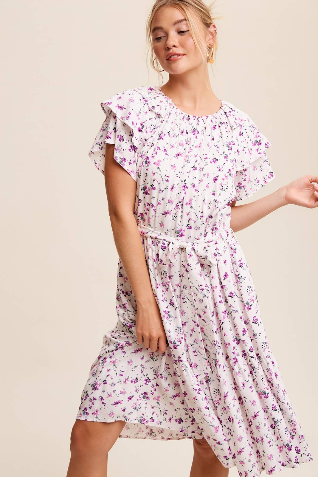 Floral Ruffle Sleeve Midi Dress