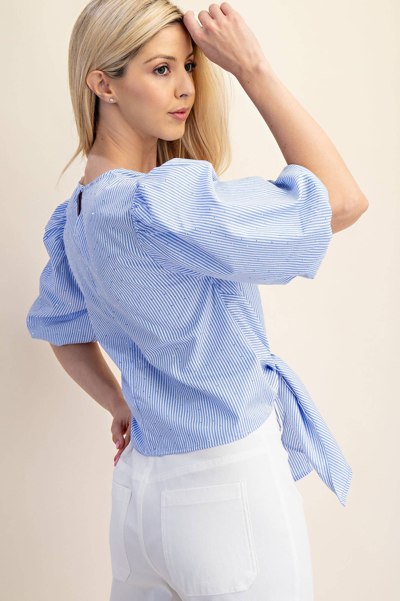 TIE FRONT BUBBLE SLEEVE BLOUSE