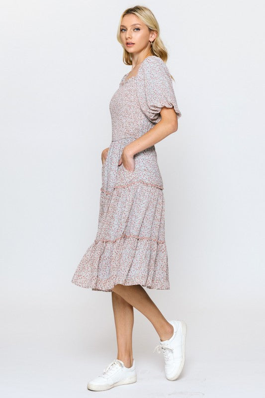 OMBRE FLORAL SMOCKED FRONT DRESS