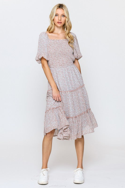 OMBRE FLORAL SMOCKED FRONT DRESS
