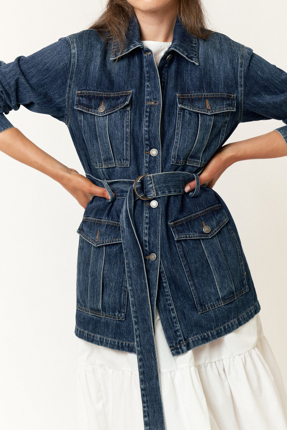 BELTED POCKET DETAIL BUTTON UP DENIM JACKET