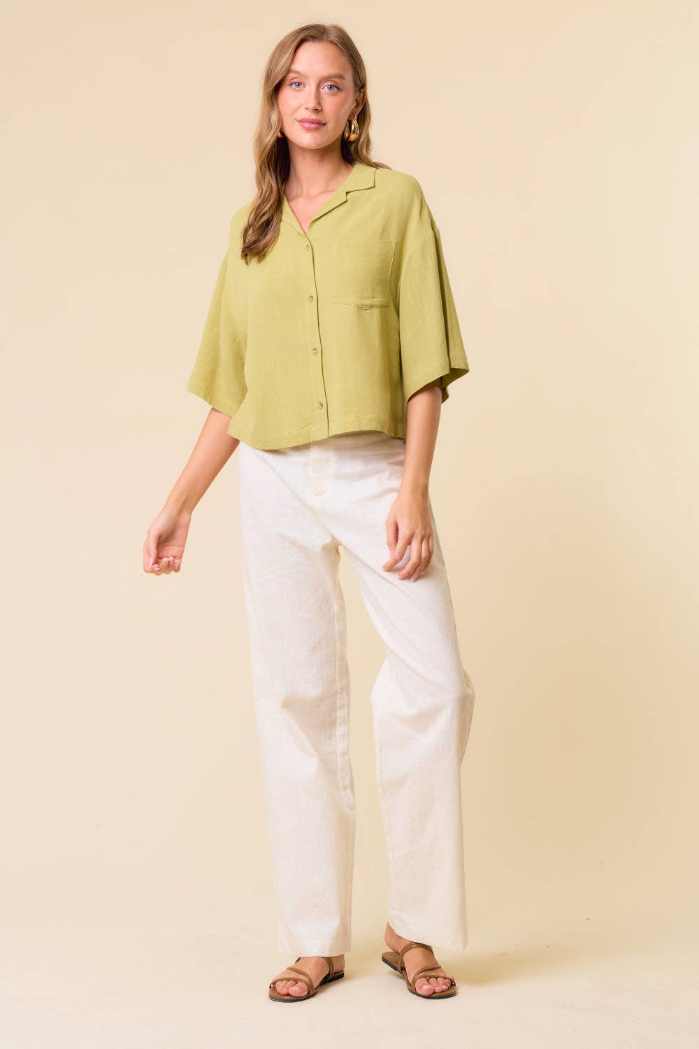 Linen Blend Notched Collar Short Sleeve Crop Shirt