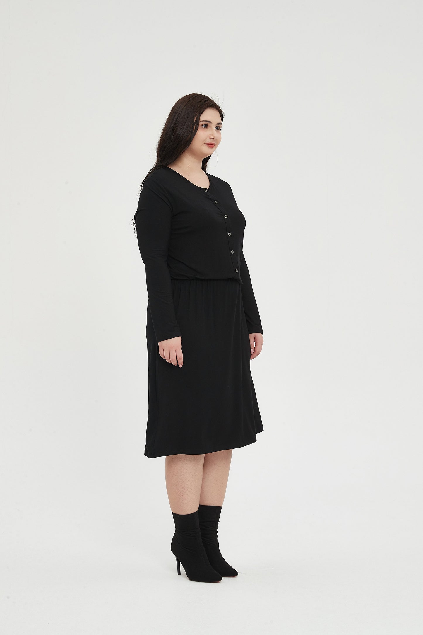 MM SMOCKED WAIST EVERYTHING DRESS LONG SLEEVES - BLACK