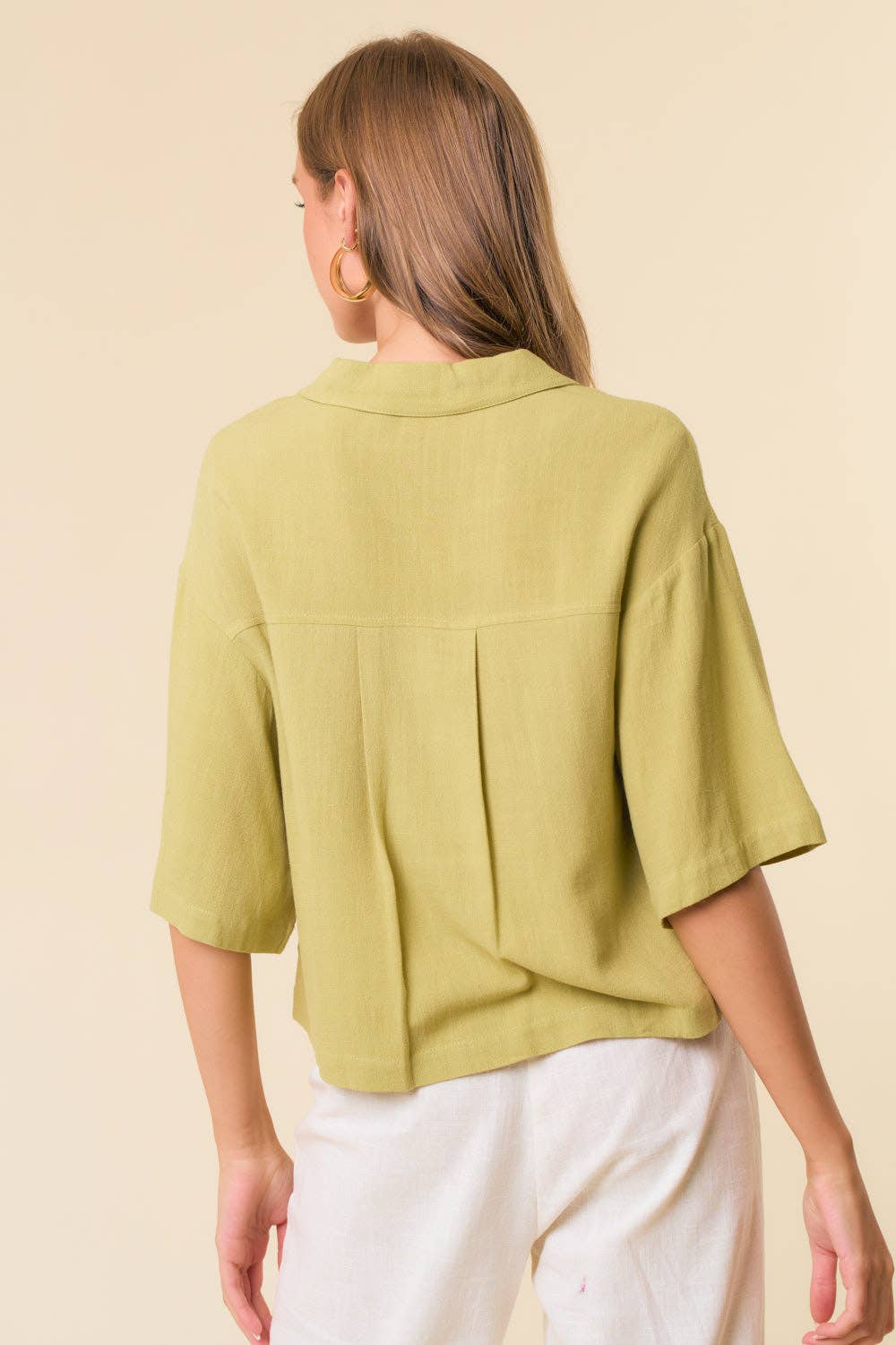 Linen Blend Notched Collar Short Sleeve Crop Shirt