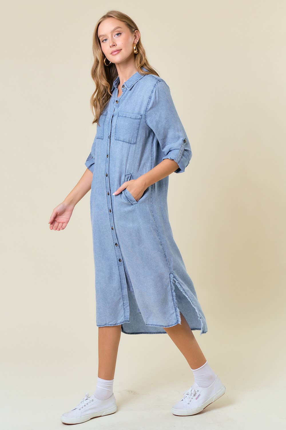 LONG SLEEVE FRAYED TENCEL DENIM SHIRT MIDI DRESS