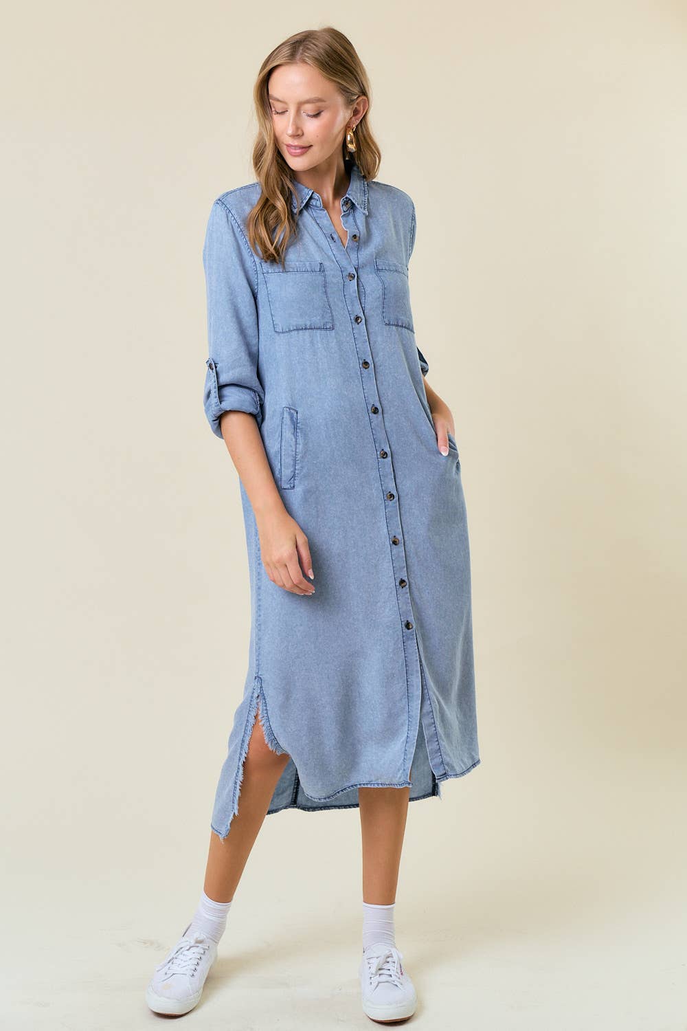 LONG SLEEVE FRAYED TENCEL DENIM SHIRT MIDI DRESS
