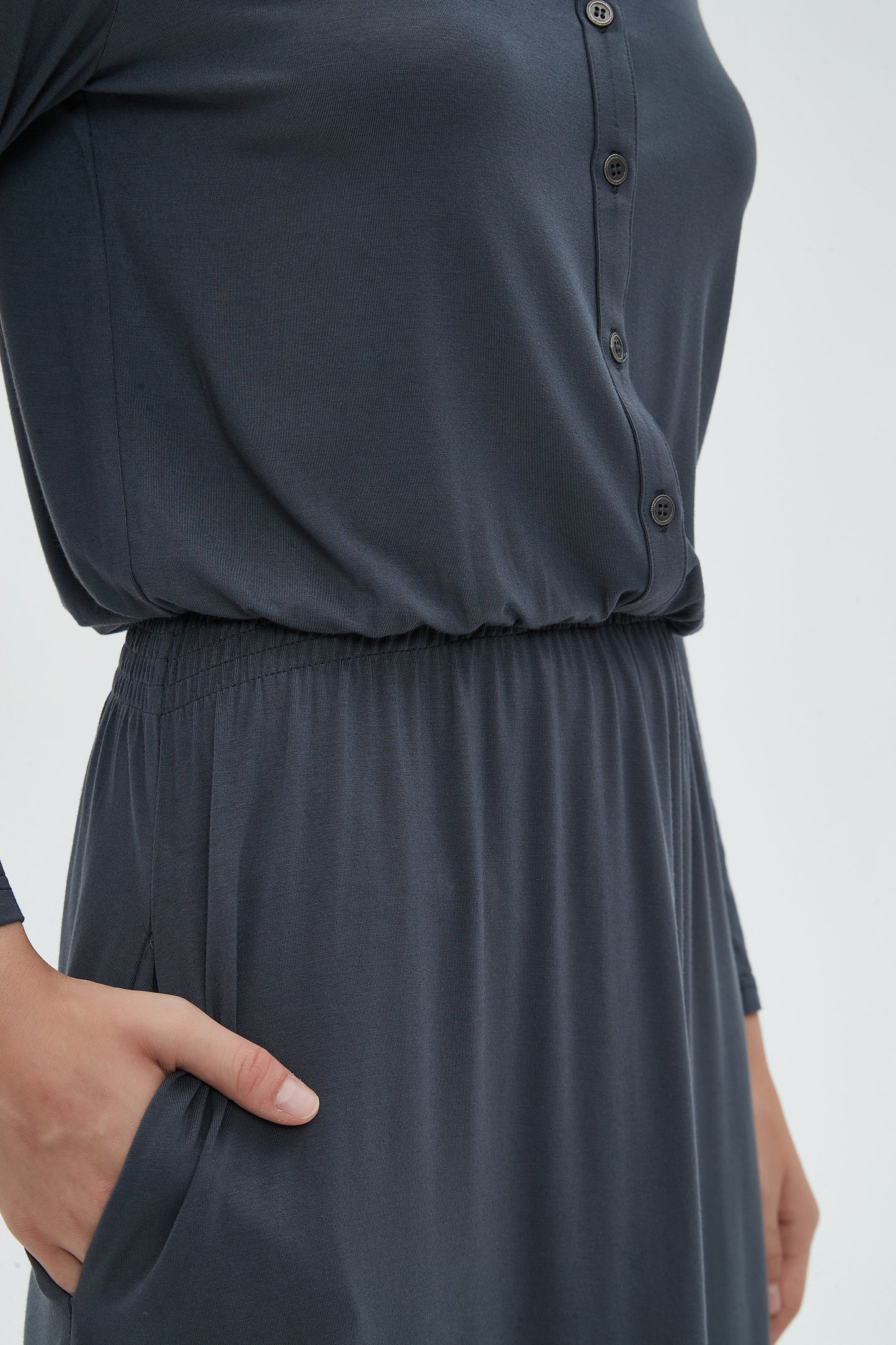 MM SMOCKED WAIST EVERYTHING DRESS LONG SLEEVES - CHARCOAL