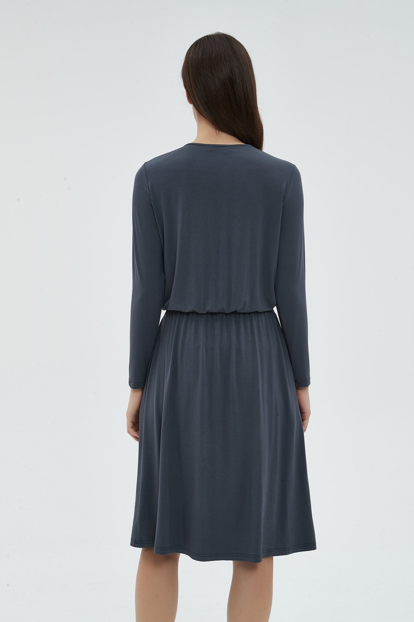 MM SMOCKED WAIST EVERYTHING DRESS LONG SLEEVES - CHARCOAL