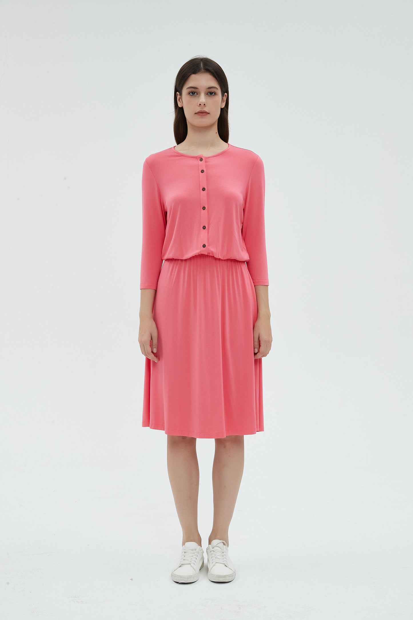 MM SMOCKED WAIST EVERYTHING DRESS 3/4 SLEEVES - CORAL