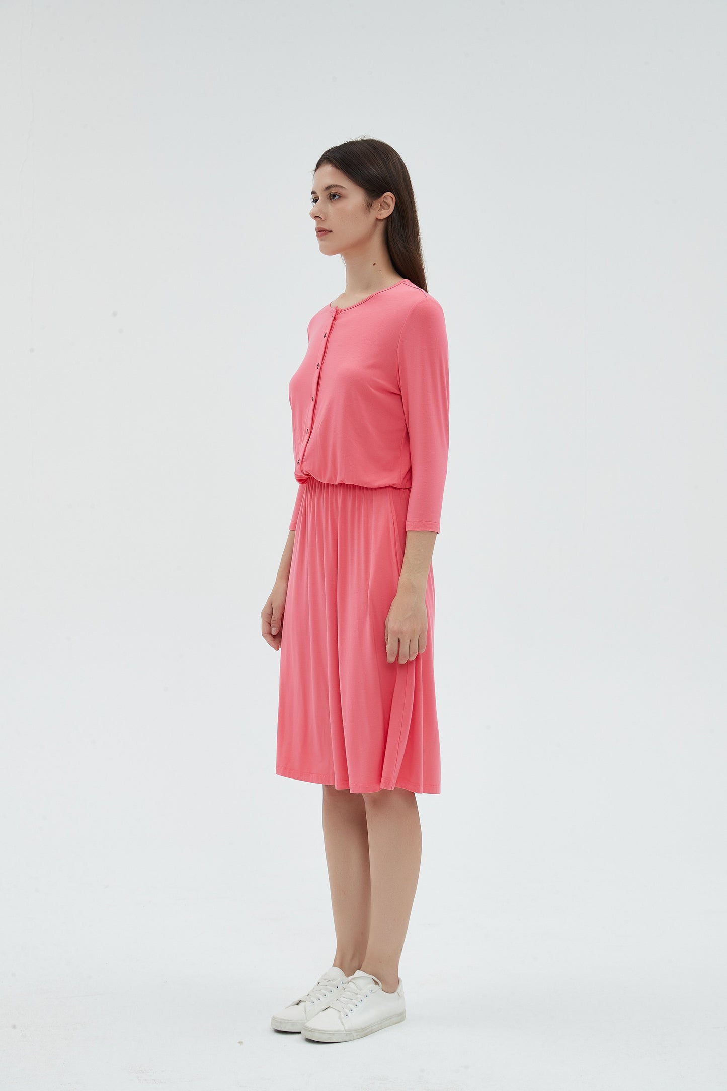 MM SMOCKED WAIST EVERYTHING DRESS 3/4 SLEEVES - CORAL