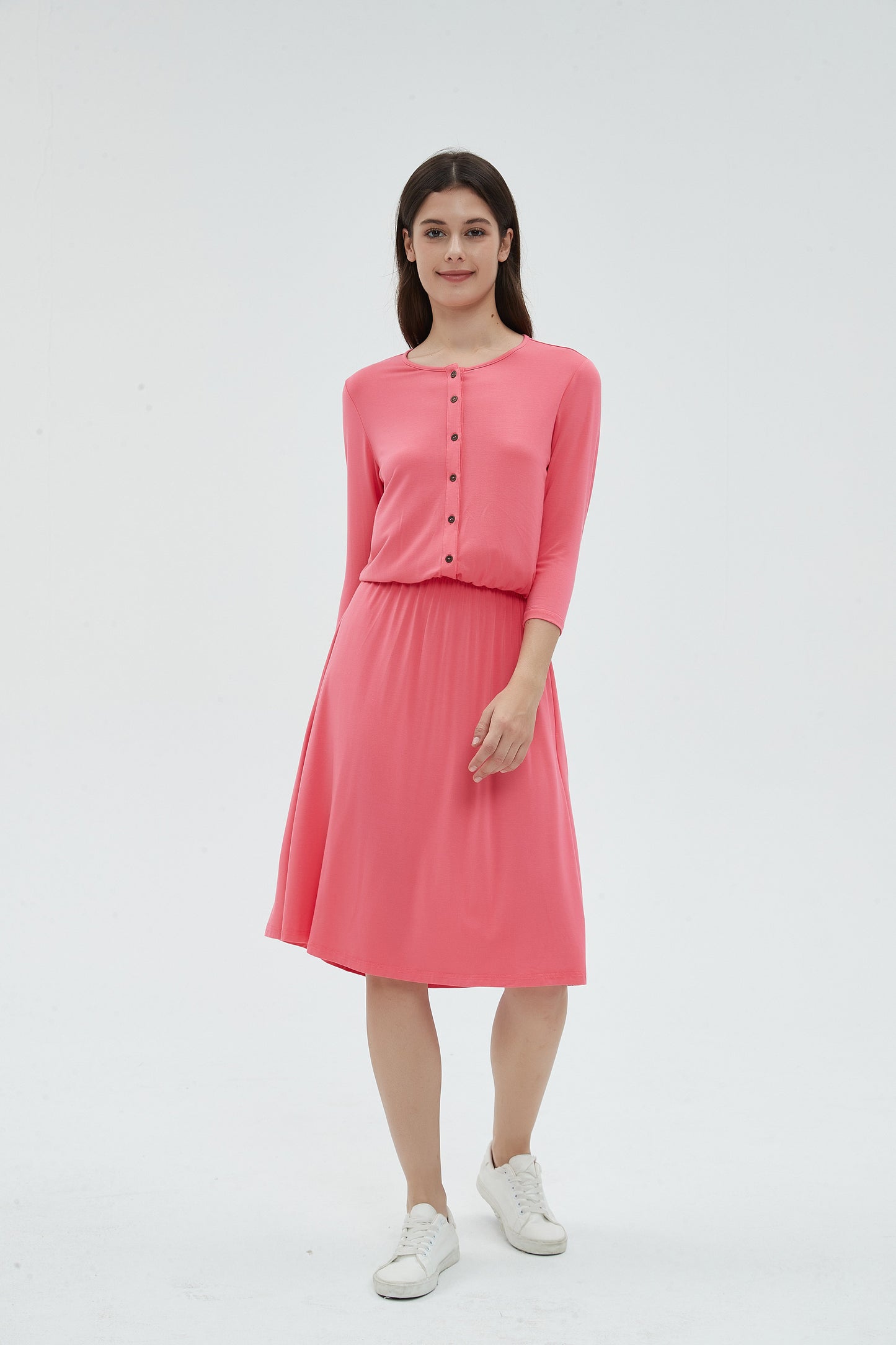 MM SMOCKED WAIST EVERYTHING DRESS 3/4 SLEEVES - CORAL