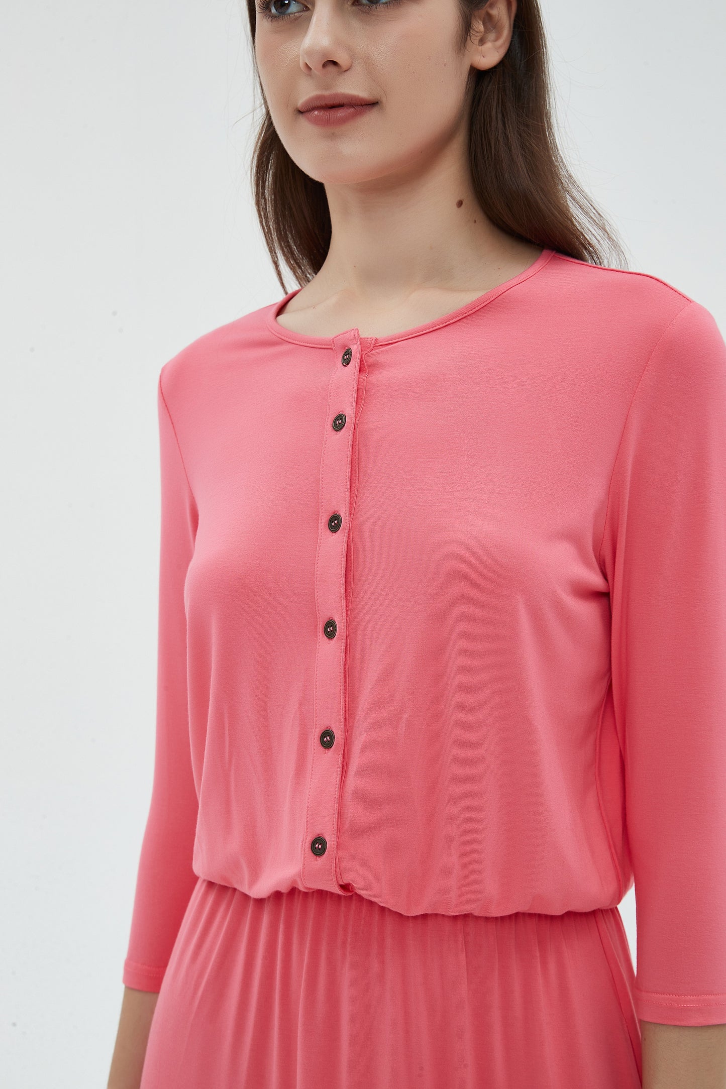 MM SMOCKED WAIST EVERYTHING DRESS 3/4 SLEEVES - CORAL
