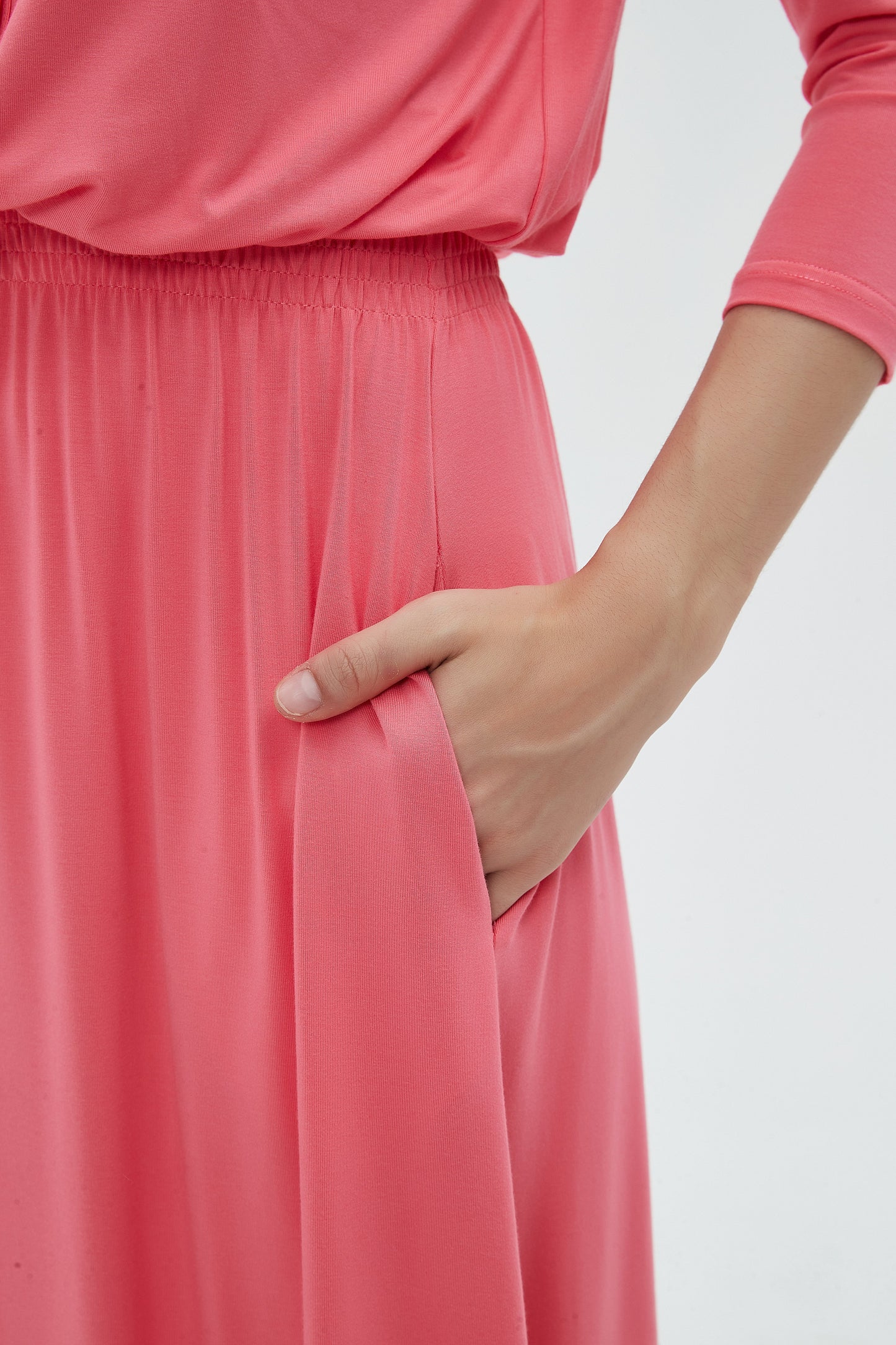 MM SMOCKED WAIST EVERYTHING DRESS 3/4 SLEEVES - CORAL