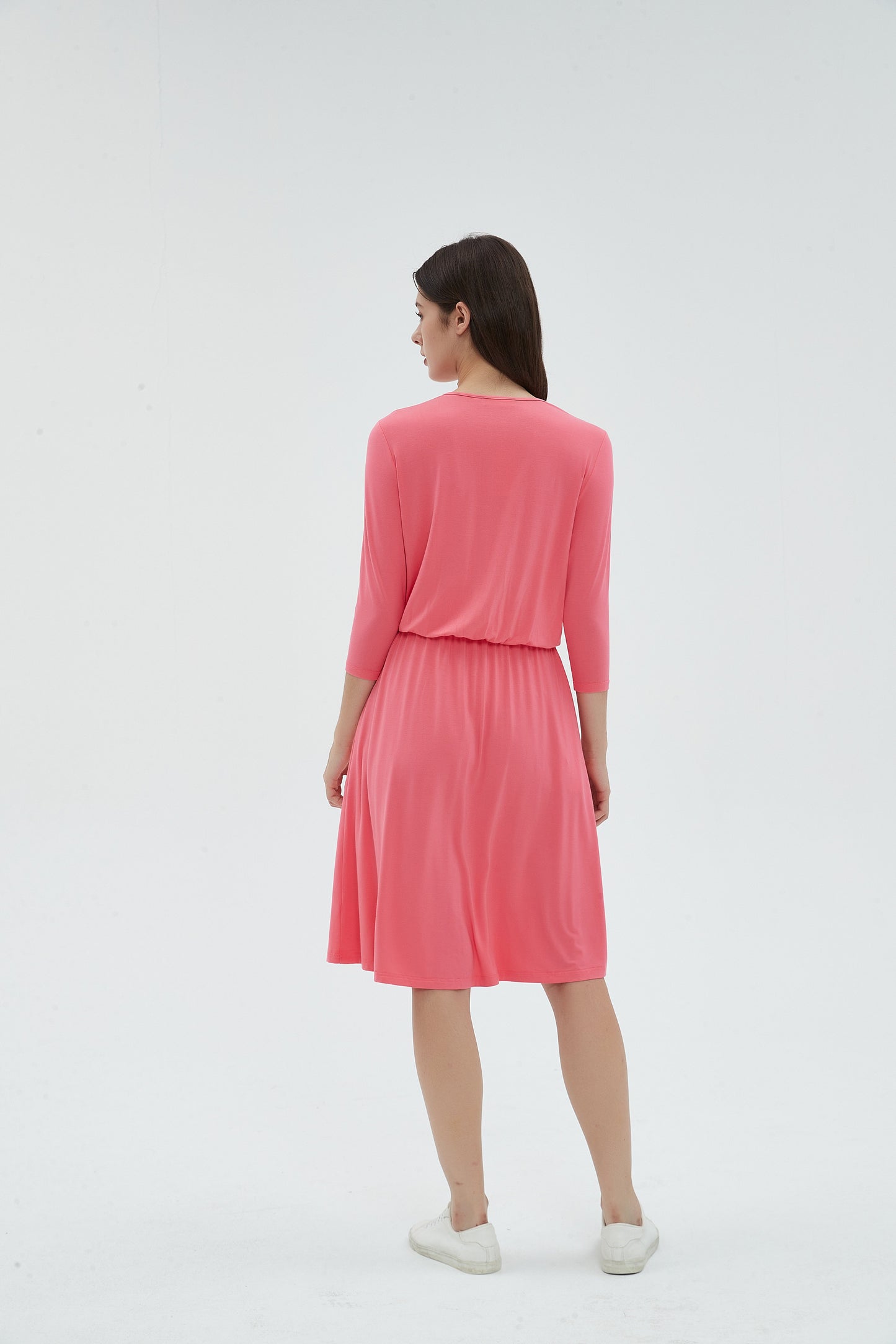 MM SMOCKED WAIST EVERYTHING DRESS 3/4 SLEEVES - CORAL