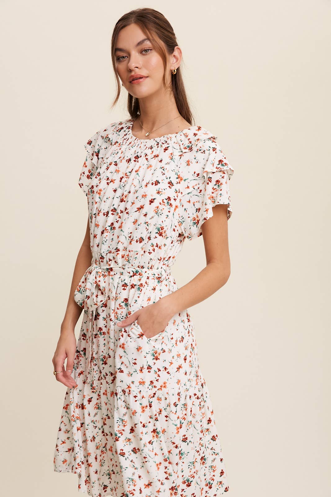 Floral Ruffle Sleeve Midi Dress