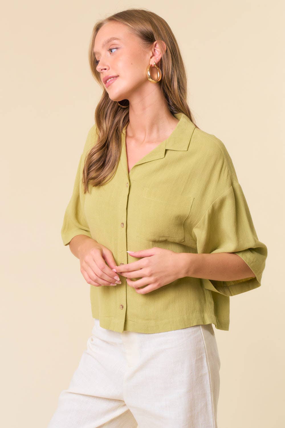 Linen Blend Notched Collar Short Sleeve Crop Shirt