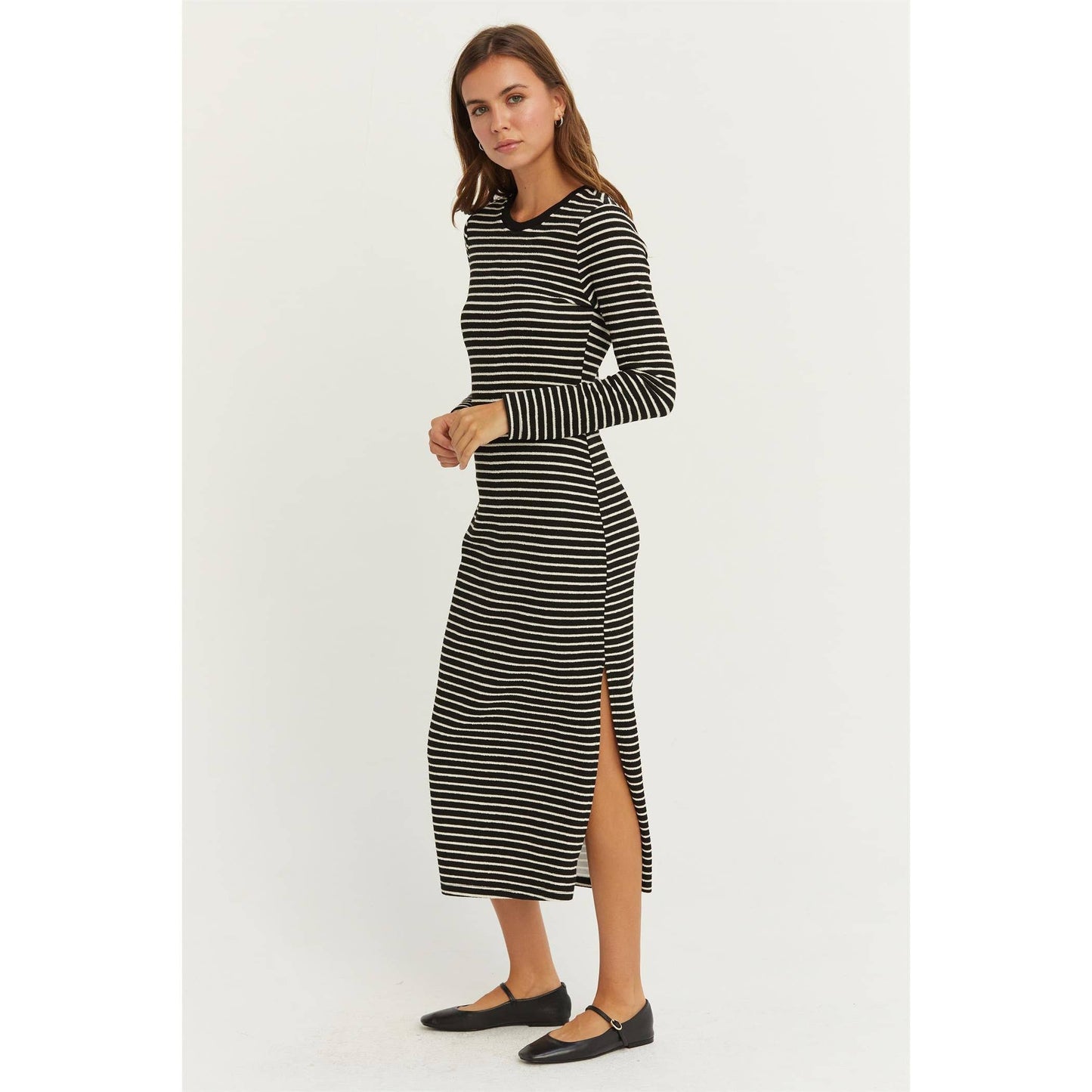 KNIT STRIPED MIDI DRESS