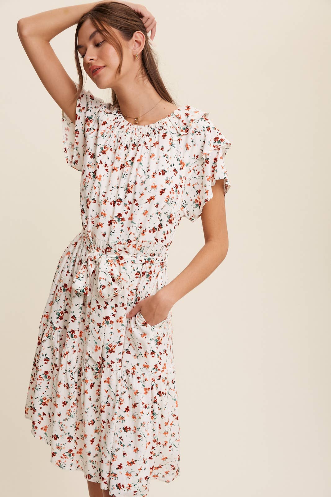 Floral Ruffle Sleeve Midi Dress