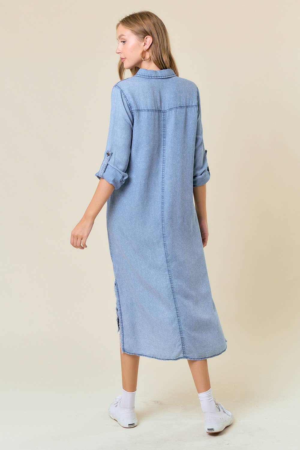 LONG SLEEVE FRAYED TENCEL DENIM SHIRT MIDI DRESS