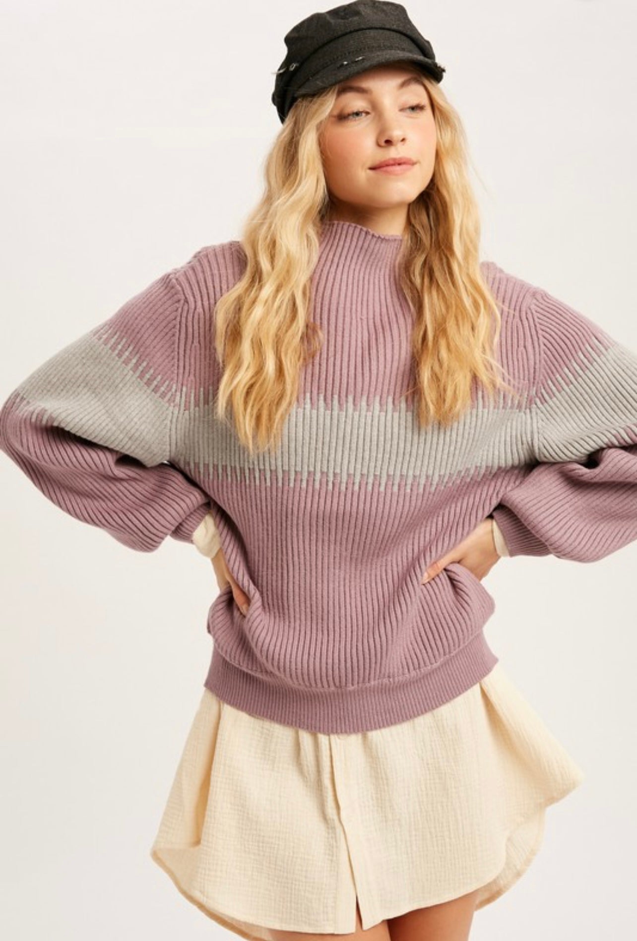 COLOR BLOCK STRIPE THICK RIB SWEATER