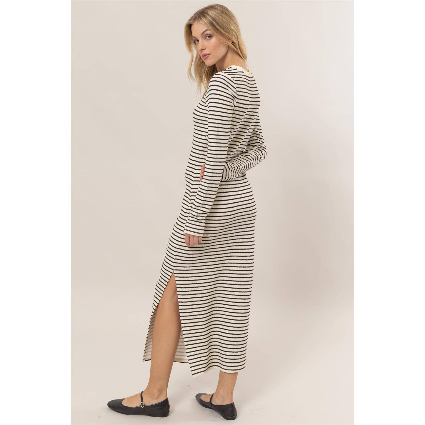 KNIT STRIPED MIDI DRESS