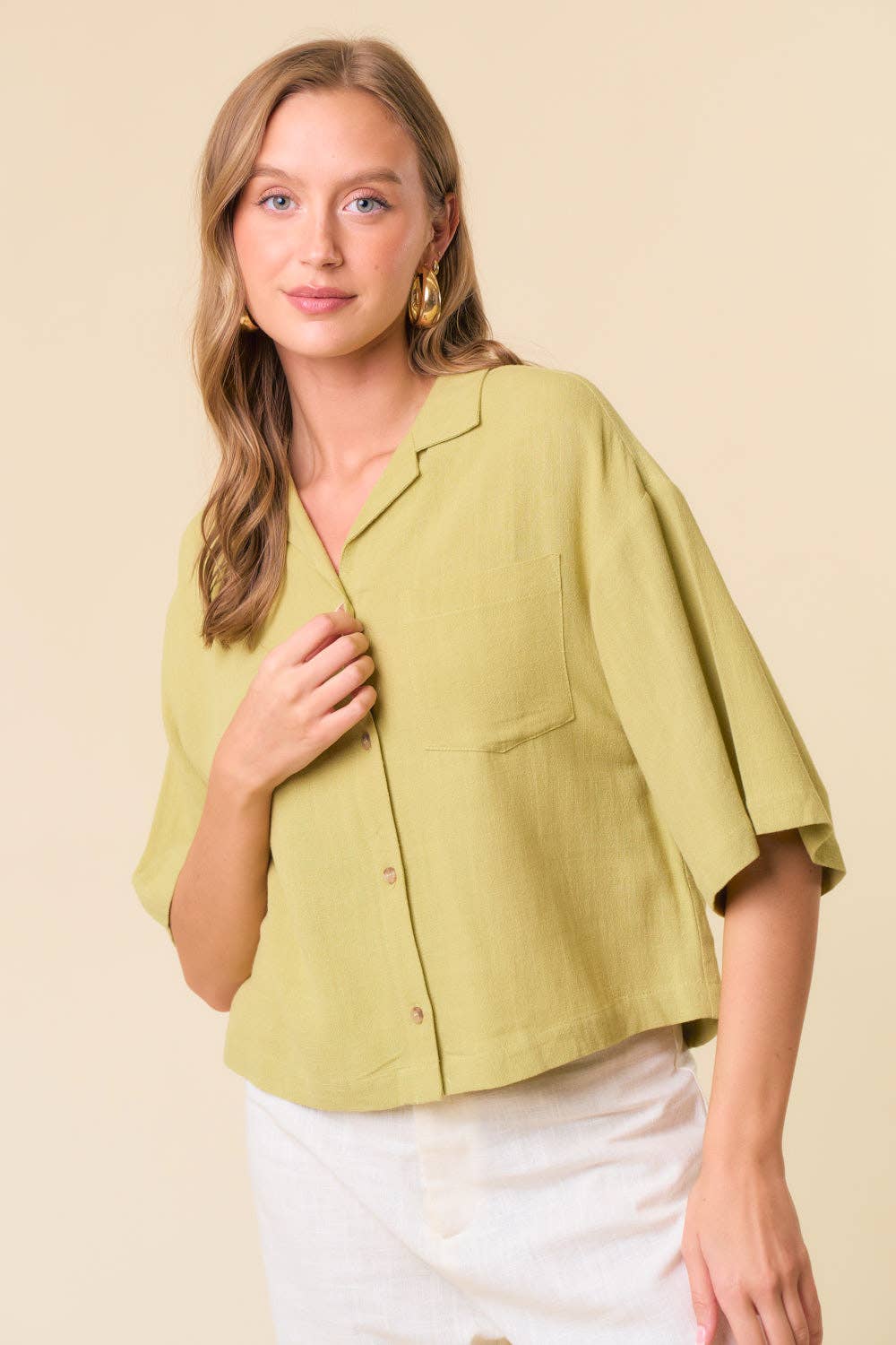 Linen Blend Notched Collar Short Sleeve Crop Shirt