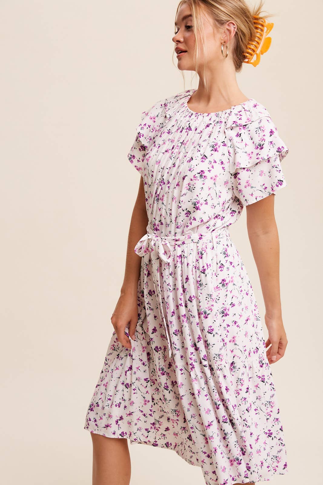Floral Ruffle Sleeve Midi Dress