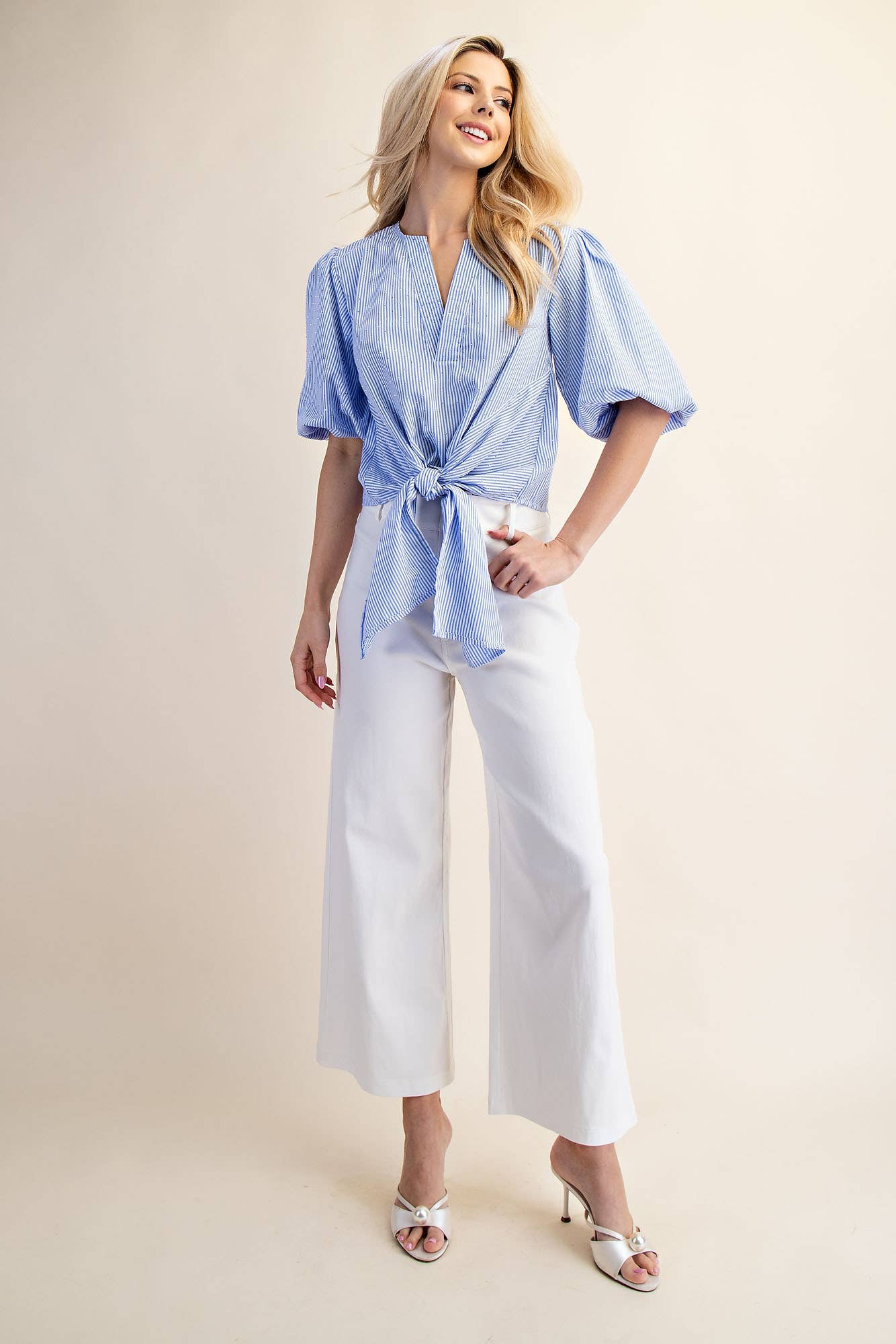 TIE FRONT BUBBLE SLEEVE BLOUSE