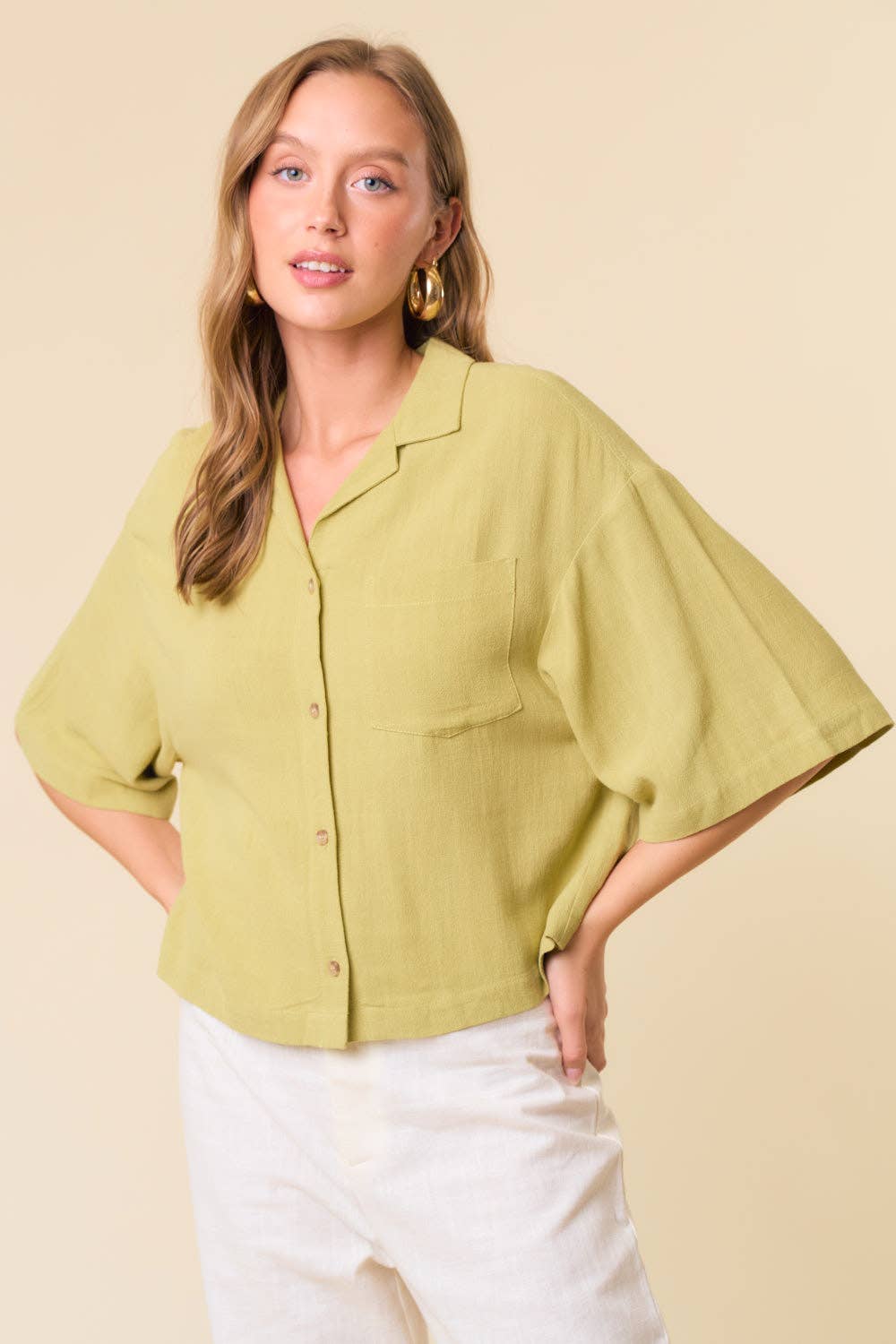 Linen Blend Notched Collar Short Sleeve Crop Shirt