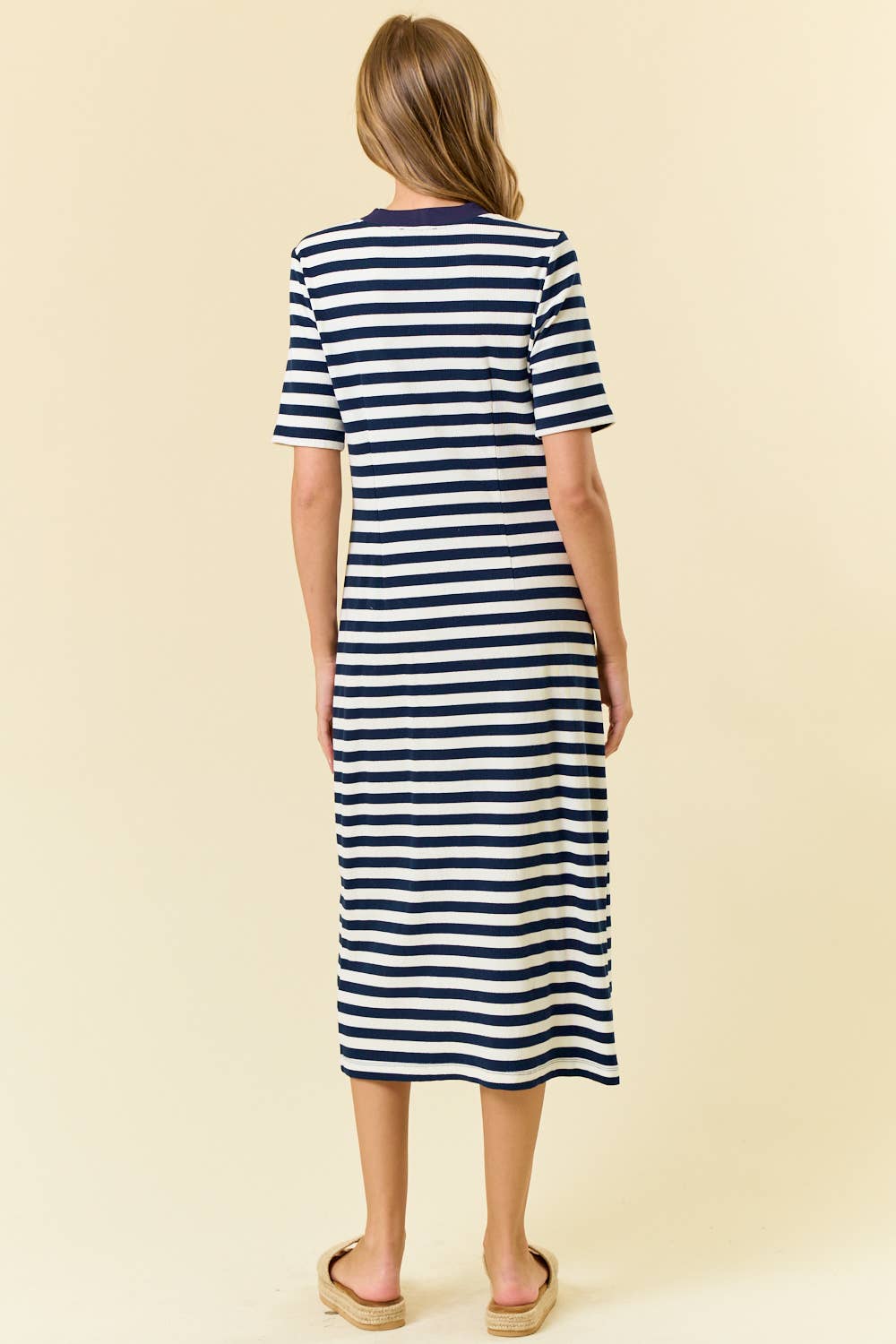 STRIPE KNIT BUTTON FRONT MIDI SHIRT DRESS