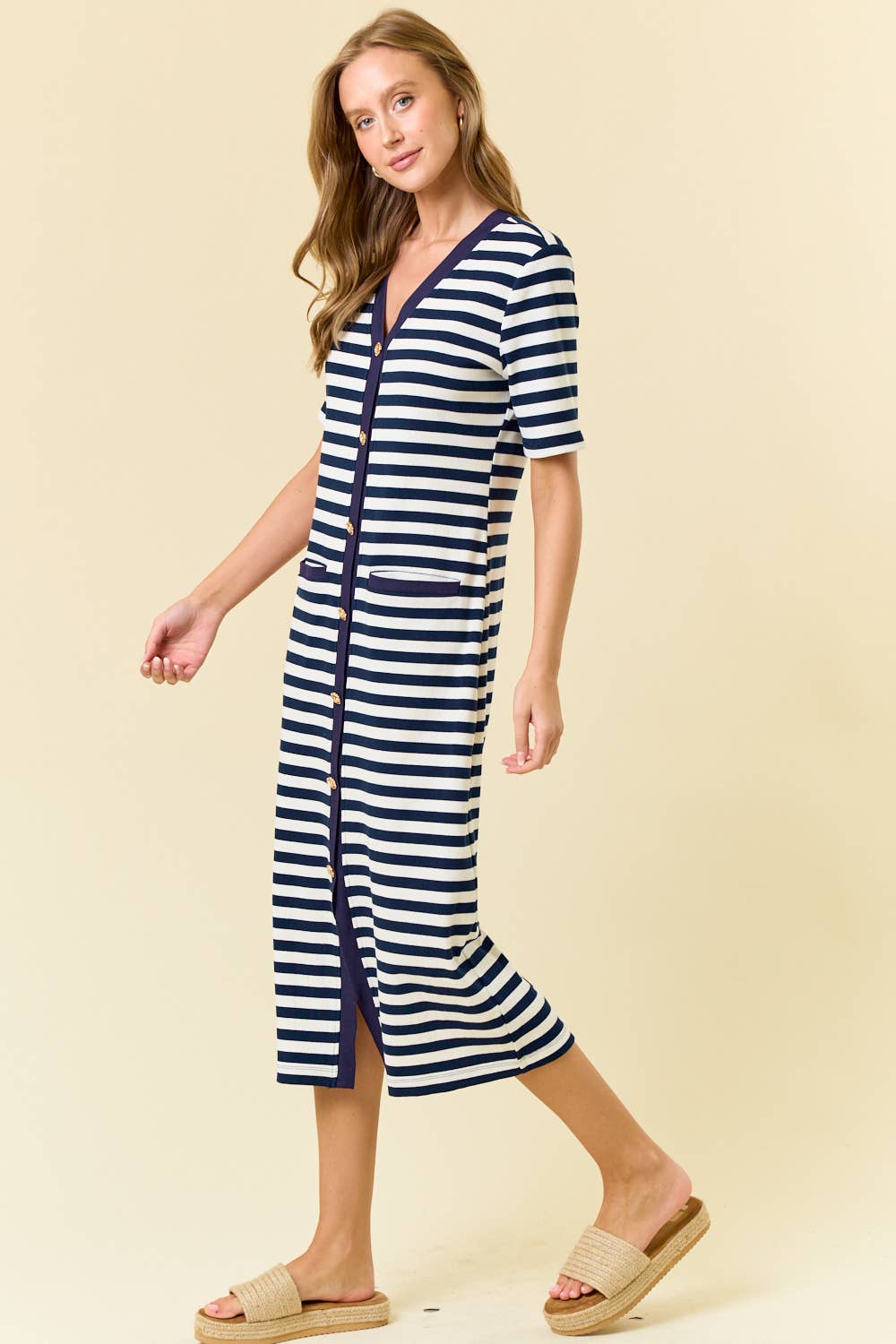 STRIPE KNIT BUTTON FRONT MIDI SHIRT DRESS