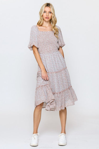 OMBRE FLORAL SMOCKED FRONT DRESS