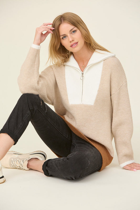 TAUPE IVORY HALF ZIP SWEATER