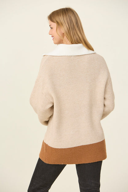 TAUPE IVORY HALF ZIP SWEATER