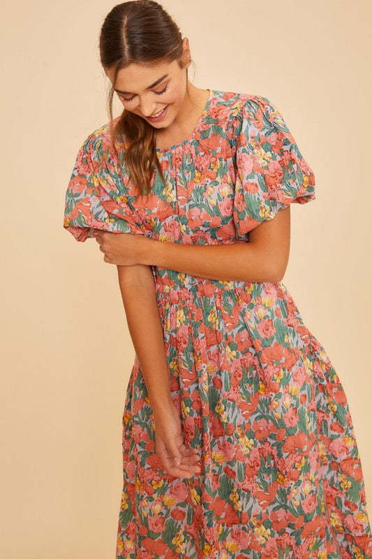 MIDI SHORT SLEEVE FLORAL DRESS