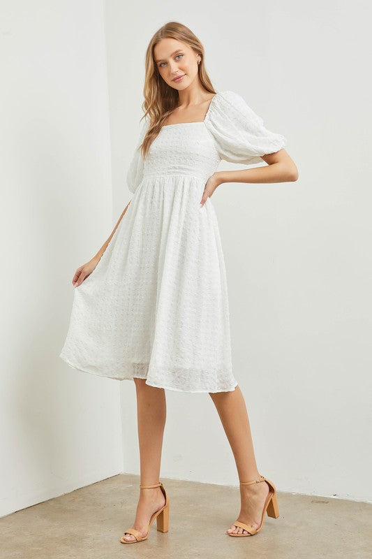 SQUARE NECK BUBBLE SLEEVE DRESS