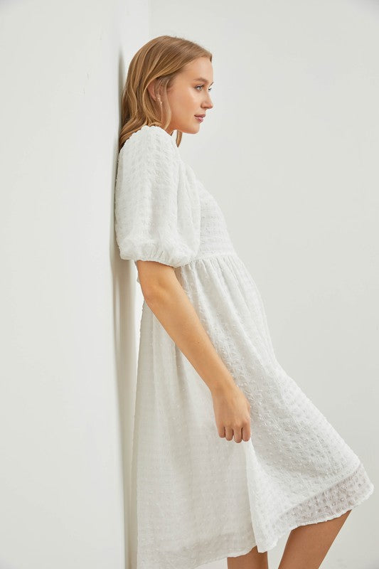 SQUARE NECK BUBBLE SLEEVE DRESS