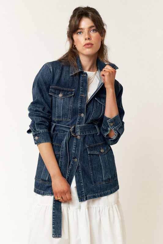 BELTED POCKET DETAIL BUTTON UP DENIM JACKET