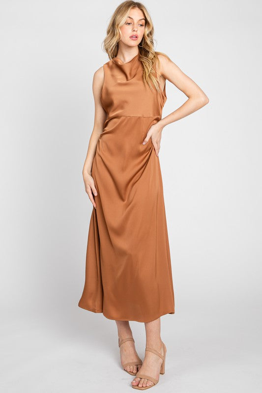 COWL NECK SATIN DRESS