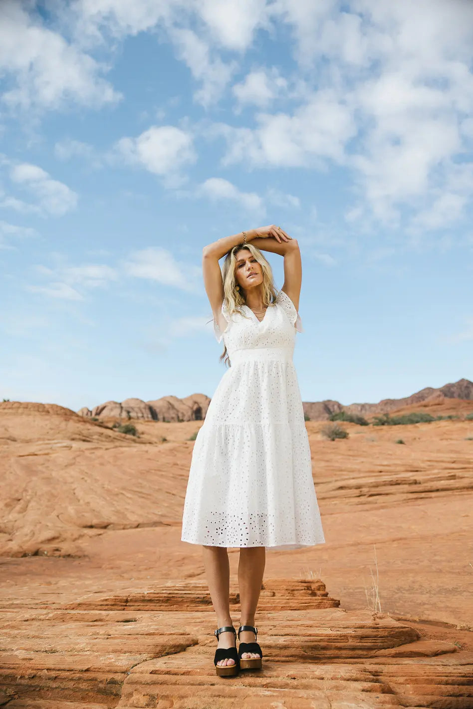 EYELET FLUTTER SLEEVE DRESS