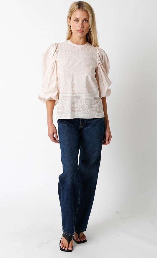 PUFFED SLEEVE HALF SLEEVE EMBROIDERED PEACH BLOUSE