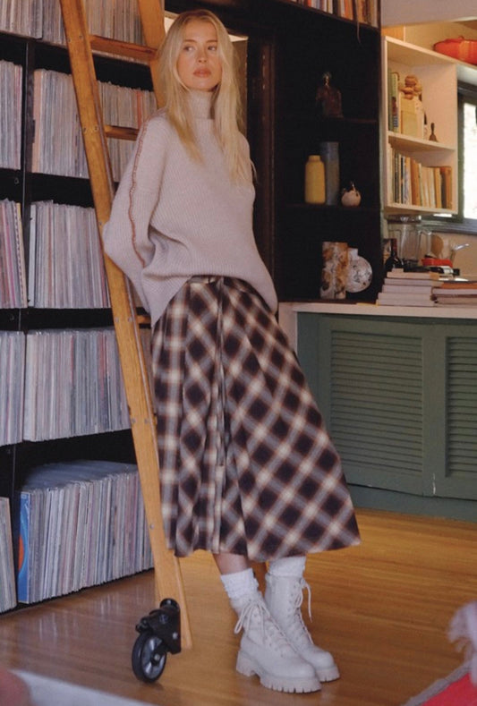 WAIST KNOT PLAID MIDI SKIRT