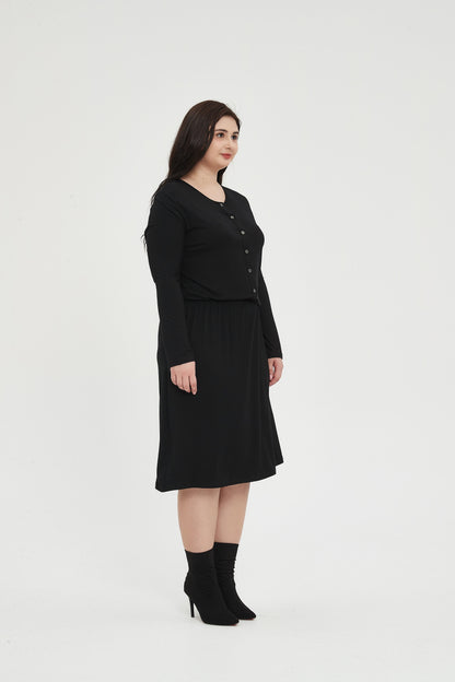 MM SMOCKED WAIST EVERYTHING DRESS LONG SLEEVES - BLACK