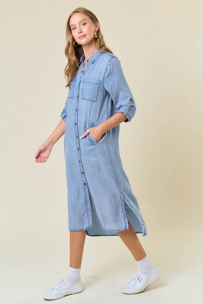 LONG SLEEVE FRAYED TENCEL DENIM SHIRT MIDI DRESS