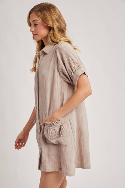 RUFFLED POCKET BUTTON DOWN SHIRT DRESS