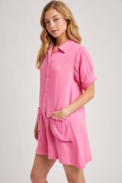 RUFFLED POCKET BUTTON DOWN SHIRT DRESS