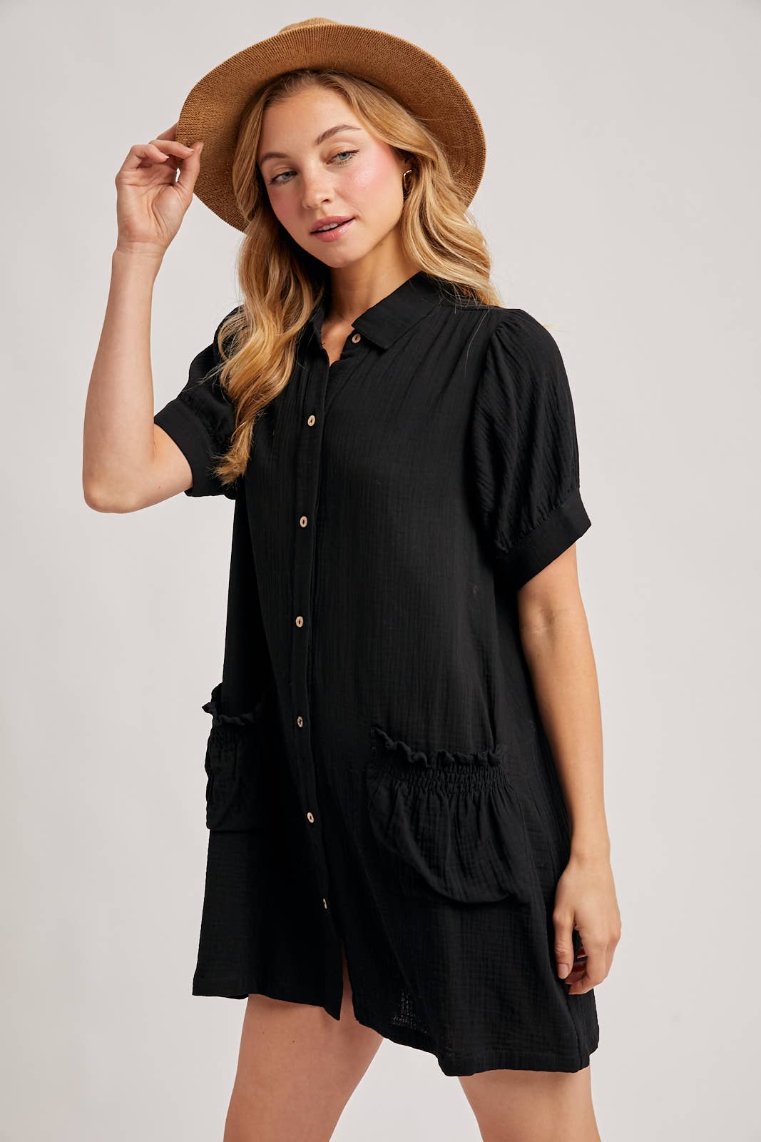 RUFFLED POCKET BUTTON DOWN SHIRT DRESS