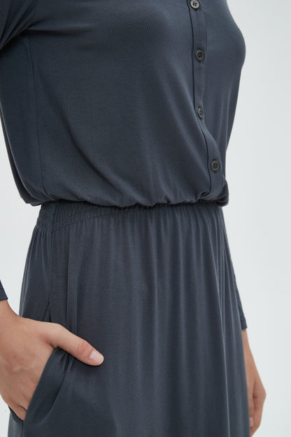 MM SMOCKED WAIST EVERYTHING DRESS LONG SLEEVES - CHARCOAL