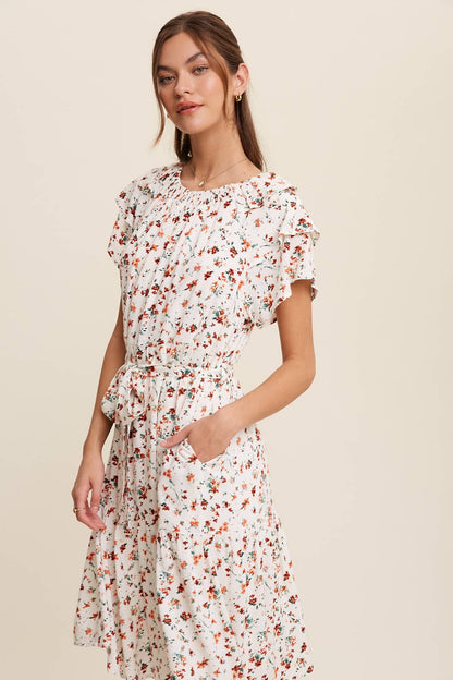Floral Ruffle Sleeve Midi Dress