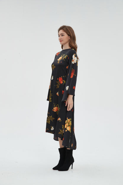 SILKY FIT AND FLARE DRESS - BLACK FLORAL